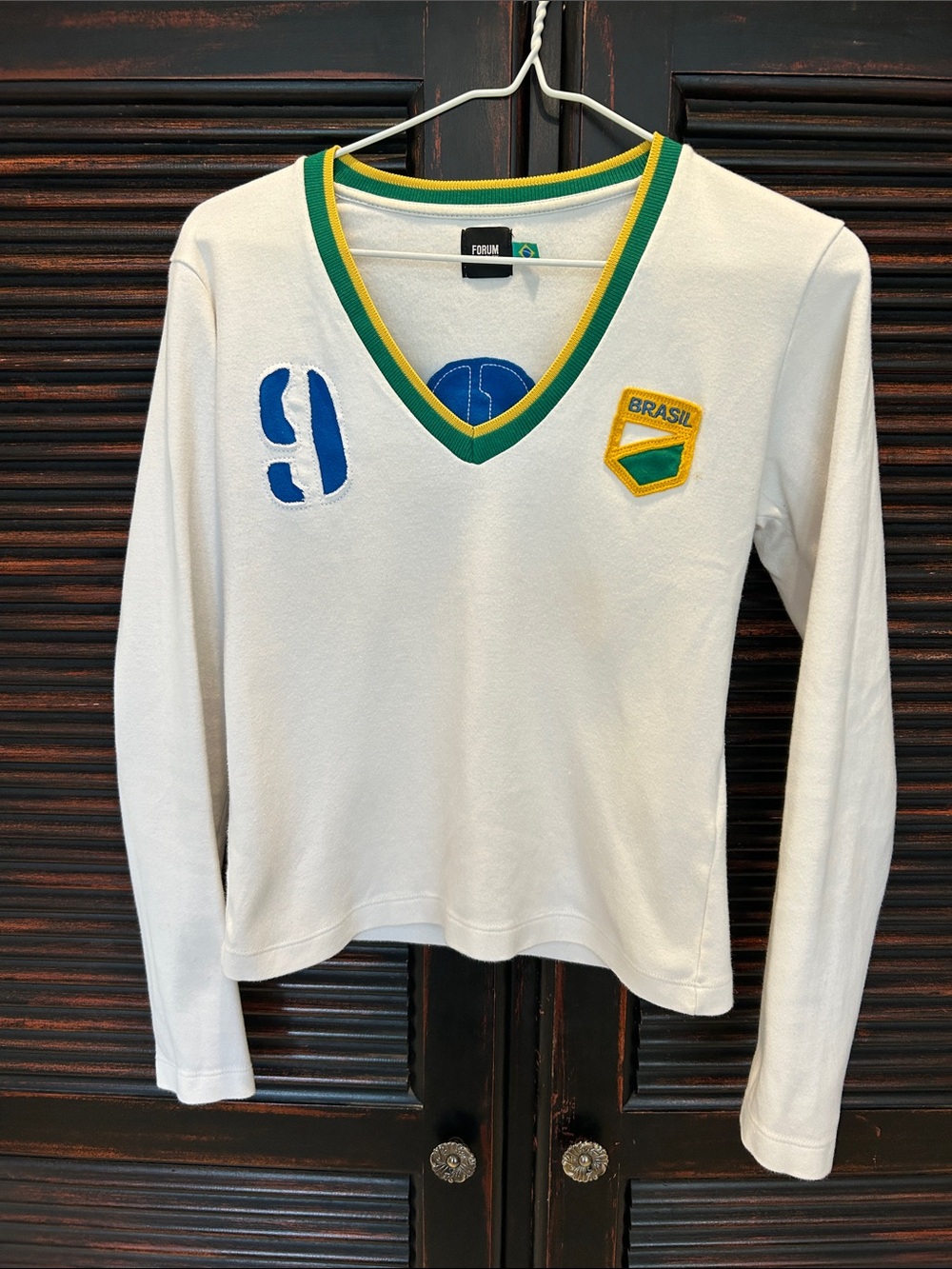 Tufi Duek White Long-Sleeve V-Neck Crop Top with Green & Yellow Trim